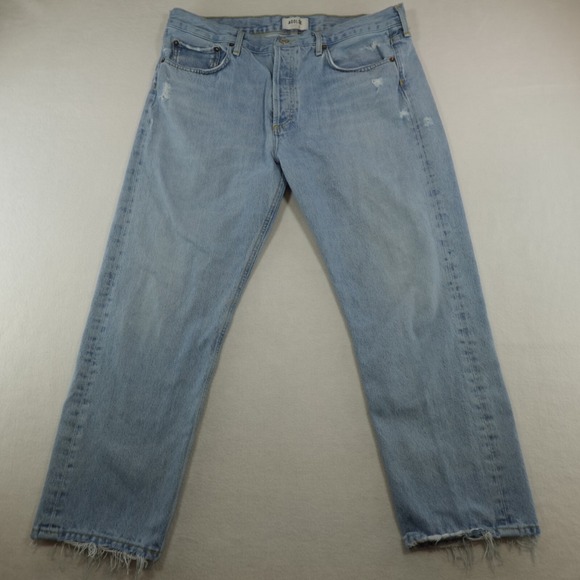AGOLDE Parker Jean 36 Crop Wide Leg Mid Rise Distress Raw Hem Western Light Wash